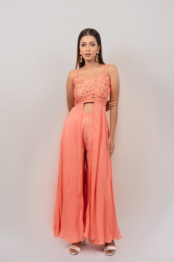 Peach Rayon Aari Work Co-ord Set