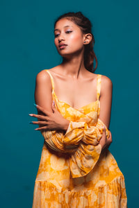 Printed Yellow A-line Off-shoulder Dress