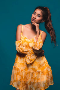 Printed Yellow A-line Off-shoulder Dress