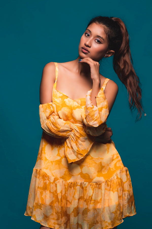 Printed Yellow A-line Off-shoulder Dress