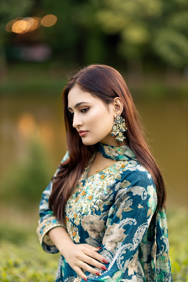 Royal Blue Cotton Embroidered Anarkali Set