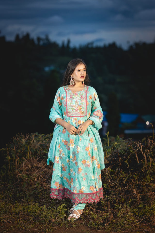 Sea Blue Cotton Embroidered Anarkali Set