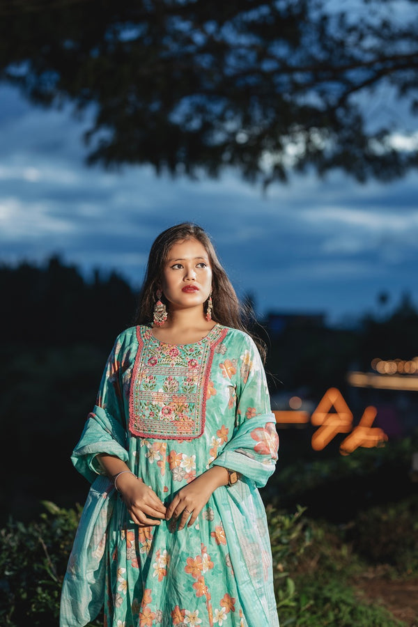 Sea Blue Cotton Embroidered Anarkali Set