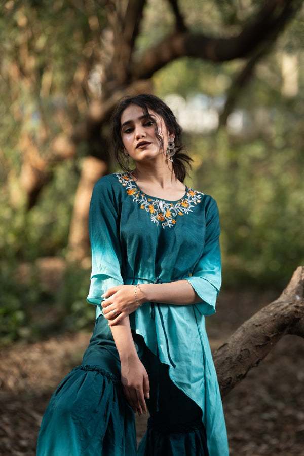 Teal Rayon Thread Work Kurta Gharara Set