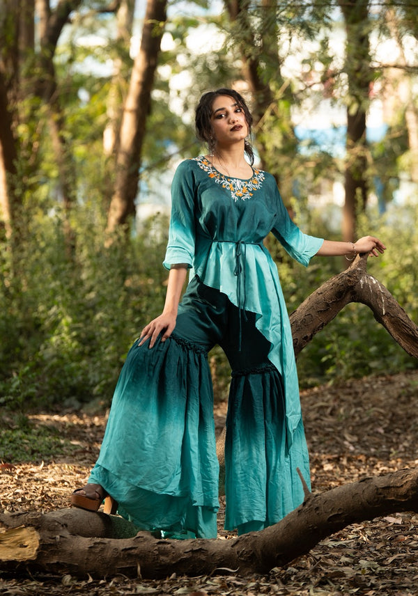 Teal Rayon Thread Work Kurta Gharara Set