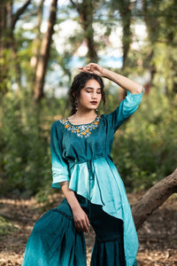 Teal Rayon Thread Work Kurta Gharara Set