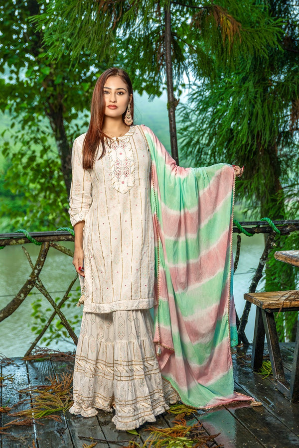 White Cotton Thread Work Kurta Gharara Set