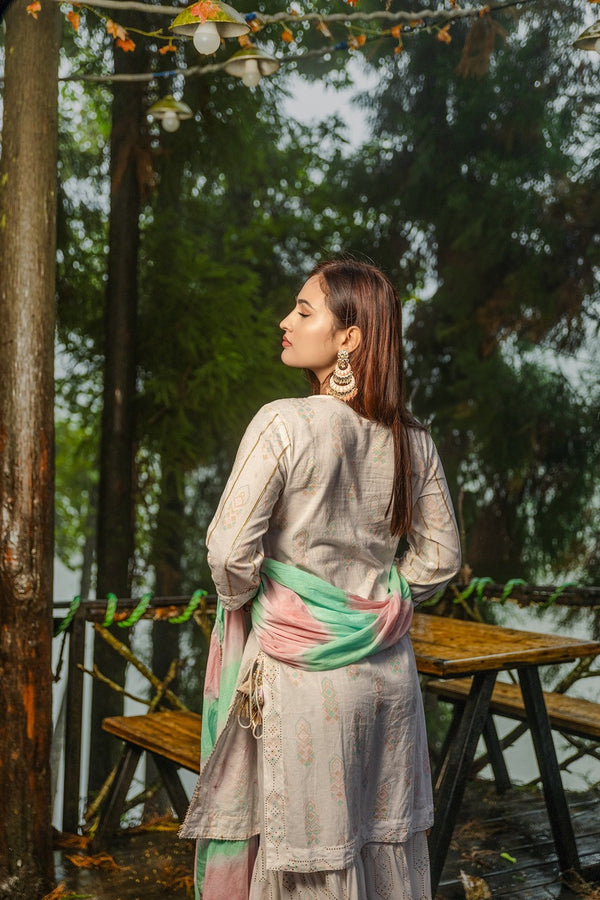 White Cotton Thread Work Kurta Gharara Set