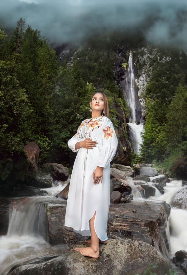 White Cotton Thread Work Long Dress