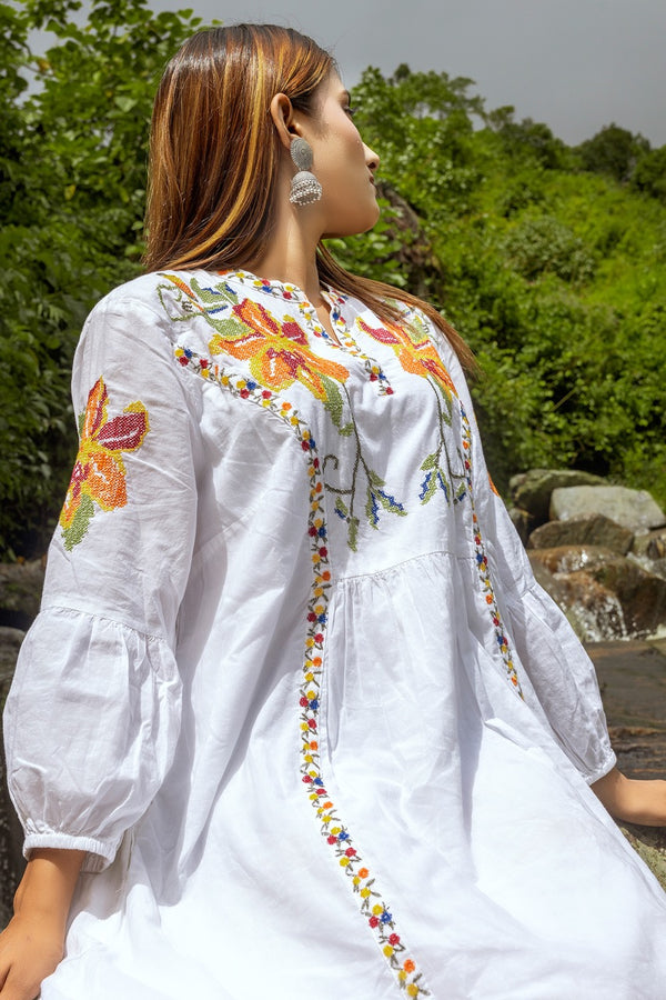 White Cotton Thread Work Long Dress