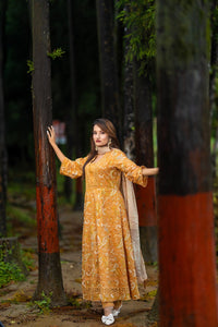Mustard Cotton Embroidered Anarkali Set