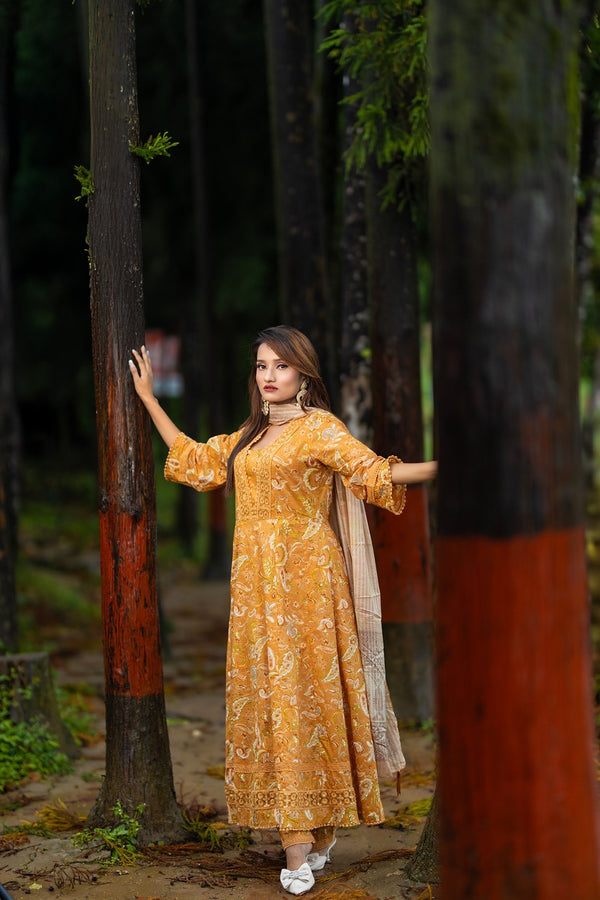 Mustard Cotton Embroidered Anarkali Set