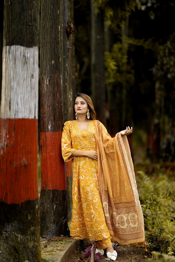 Mustard Cotton Embroidered Anarkali Set