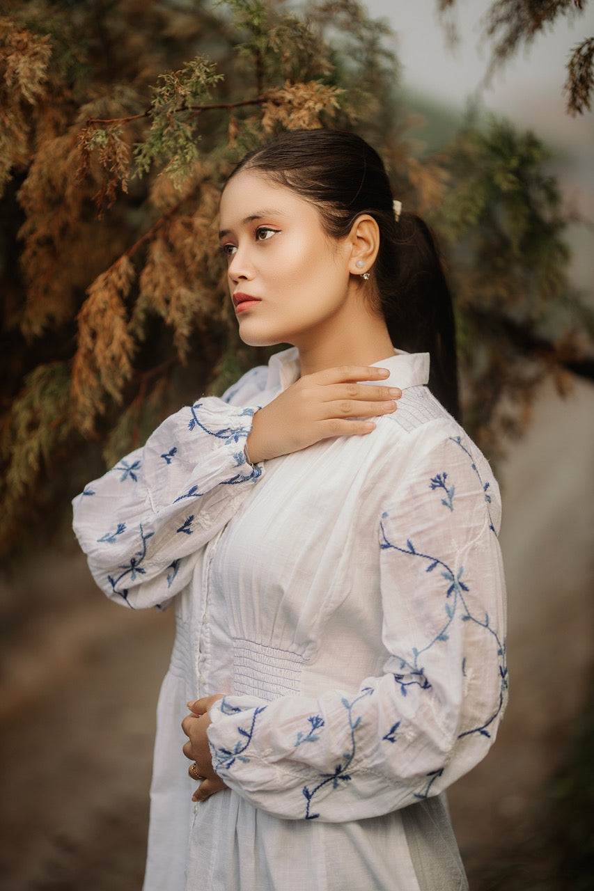 White Linen Thread Work Short Dress