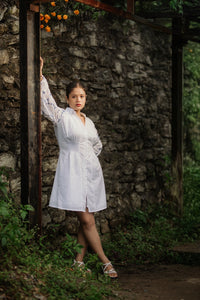 White Linen Thread Work Short Dress